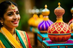 uma mulher dentro tradicional indiano vestuário sorrisos às a Câmera. gerado por IA foto