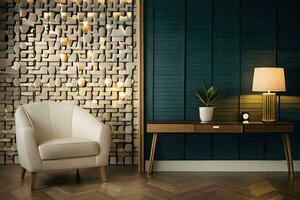 uma moderno vivo quarto com de madeira parede painéis. gerado por IA foto
