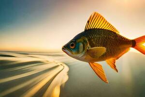 uma peixe natação dentro a oceano às pôr do sol. gerado por IA foto