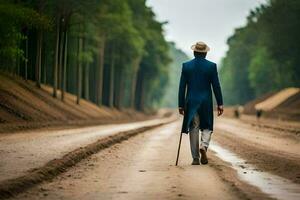 uma homem dentro uma azul terno anda em baixa uma sujeira estrada. gerado por IA foto