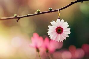 uma Rosa flor suspensão a partir de uma ramo. gerado por IA foto