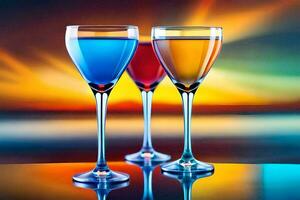 três óculos do vinho com colorida fundos. gerado por IA foto