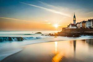 uma lindo pôr do sol sobre uma de praia com uma Igreja dentro a fundo. gerado por IA foto