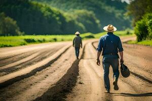 dois homens caminhando baixa uma sujeira estrada com uma chapéu sobre. gerado por IA foto