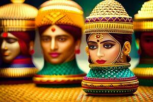 indiano mulheres estatuetas dentro ouro e prata. gerado por IA foto