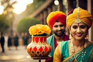 uma casal dentro tradicional indiano vestuário segurando uma vaso. gerado por IA foto