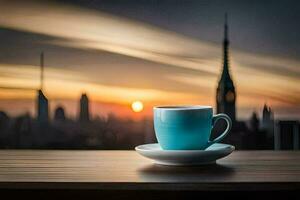 café xícara, a cidade, nascer do sol, a cidade, a cidade, a cidade, o. gerado por IA foto