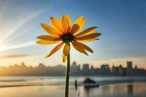 uma solteiro amarelo flor carrinhos dentro frente do uma cidade Horizonte. gerado por IA foto