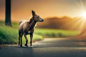 uma cavalo caminhando baixa a estrada às pôr do sol. gerado por IA foto