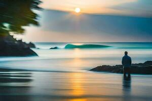 uma homem em pé em a de praia às pôr do sol. gerado por IA foto