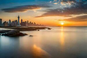 a Sol conjuntos sobre a cidade Horizonte dentro isto foto. gerado por IA foto