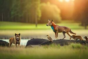 uma cachorro e dois pássaros em pé em uma Rocha. gerado por IA foto