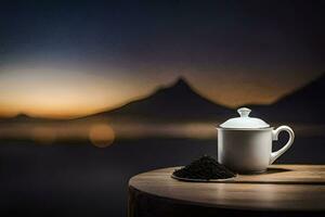 café copo em uma mesa com montanhas dentro a fundo. gerado por IA foto