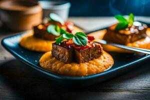 três peças do carne em uma prato com uma garfo. gerado por IA foto