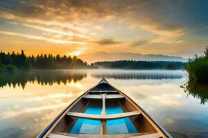 a barco é em a lago às nascer do sol. gerado por IA foto