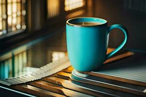 uma azul caneca sentado em topo do uma teclado. gerado por IA foto