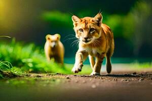 uma lince gato caminhando em a estrada. gerado por IA foto