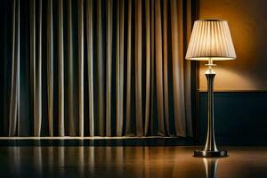 uma luminária é sentado em uma mesa dentro frente do uma cortina. gerado por IA foto