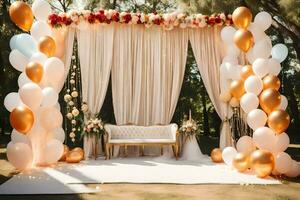 uma Casamento cerimônia com balões e flores gerado por IA foto