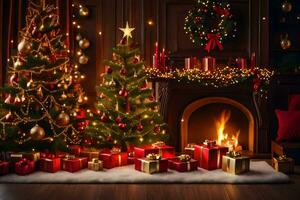 Natal árvore e apresenta dentro uma quarto com uma lareira. gerado por IA foto