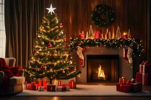 uma Natal árvore é sentado dentro frente do uma lareira. gerado por IA foto