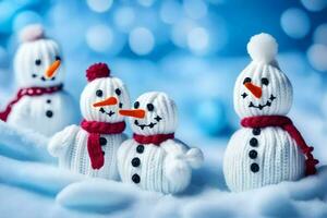 bonecos de neve estão fez a partir de tricotado chapéus e lenços. gerado por IA foto