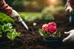 dois pessoas estão plantio flores dentro a jardim. gerado por IA foto