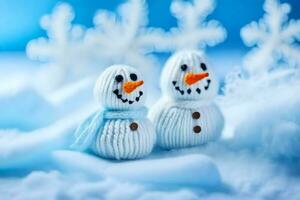 dois bonecos de neve estão sentado em uma neve coberto superfície. gerado por IA foto