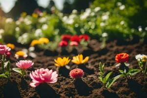 muitos diferente colori flores estão crescendo dentro a sujeira. gerado por IA foto