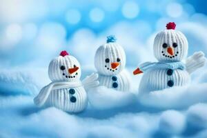 três bonecos de neve estão sentado em uma azul fundo. gerado por IA foto
