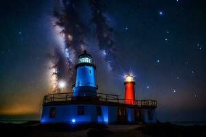 dois faróis estão aceso acima debaixo a estrelas. gerado por IA foto