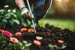 uma pessoa é escavação dentro a sujeira com uma jardim garfo. gerado por IA foto