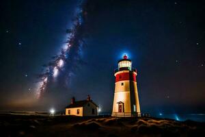 a leitoso caminho sobre uma farol e uma estrelado céu. gerado por IA foto