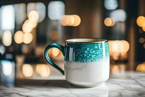 uma azul e branco café caneca em uma mármore mesa. gerado por IA foto