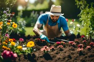 uma homem dentro uma chapéu e azul camisa é trabalhando dentro a jardim. gerado por IA foto