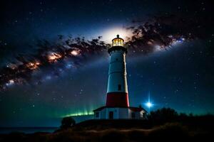 uma farol com a leitoso dentro a céu. gerado por IA foto