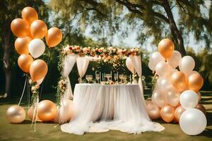 uma Casamento mesa com balões e uma floral arco. gerado por IA foto