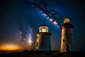 dois farol torres debaixo a estrelas. gerado por IA foto