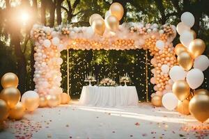 uma Casamento arco decorado com ouro balões e branco flores gerado por IA foto
