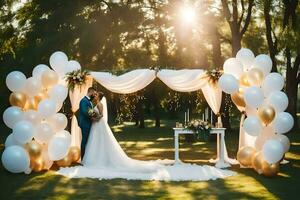 Casamento casal se beijando debaixo uma dourado arco com branco balões. gerado por IA foto