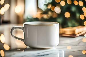 uma branco café copo em uma mármore mesa dentro frente do uma Natal árvore. gerado por IA foto