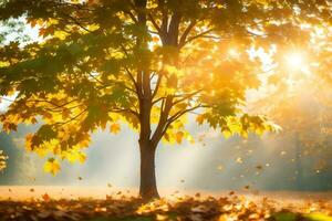 outono árvore dentro a Sol com folhas caindo. gerado por IA foto