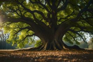a Sol brilha através a folhas do a velho carvalho árvore. gerado por IA foto