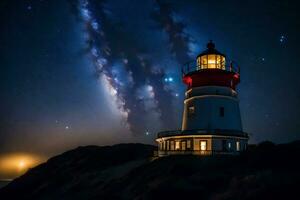 uma farol com estrelas dentro a céu e uma lua. gerado por IA foto