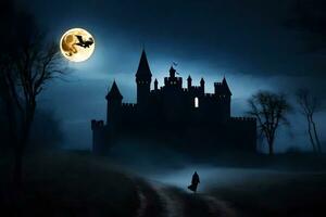 dia das Bruxas castelo dentro a Sombrio com uma cheio lua. gerado por IA foto