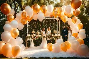 Casamento cerimônia dentro a parque com dourado balões. gerado por IA foto