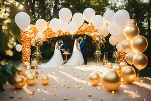 Casamento casal debaixo uma dourado arco com branco e ouro balões. gerado por IA foto