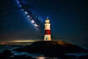 uma farol com uma estrelado céu acima isto. gerado por IA foto