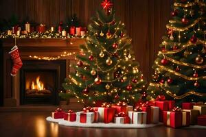Natal árvore e apresenta dentro frente do lareira. gerado por IA foto