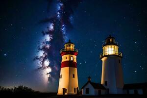 dois farol torres debaixo a noite céu com estrelas. gerado por IA foto